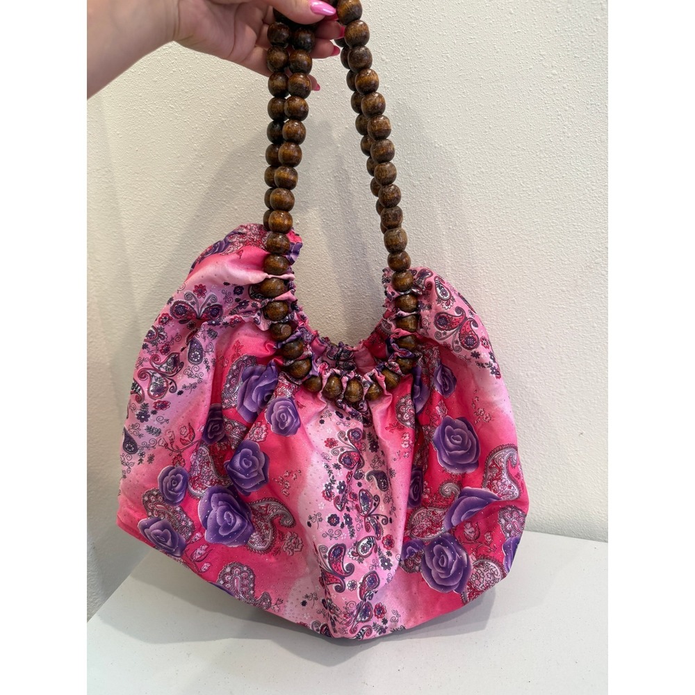 Pink Purple Floral Paisley Hobo Bag Wooden Bead Handle Satin Boho Handbag